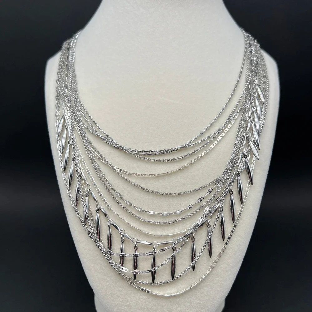 Stella & Dot Fringe Necklace Silver Tone‎ Lindsey Layering Multi-Strand